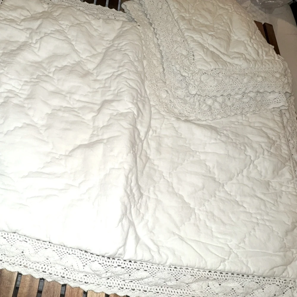 Simply Shabby Chic 3pc Quilt Shams Set Linen Blend Crochet Trim White Full Queen